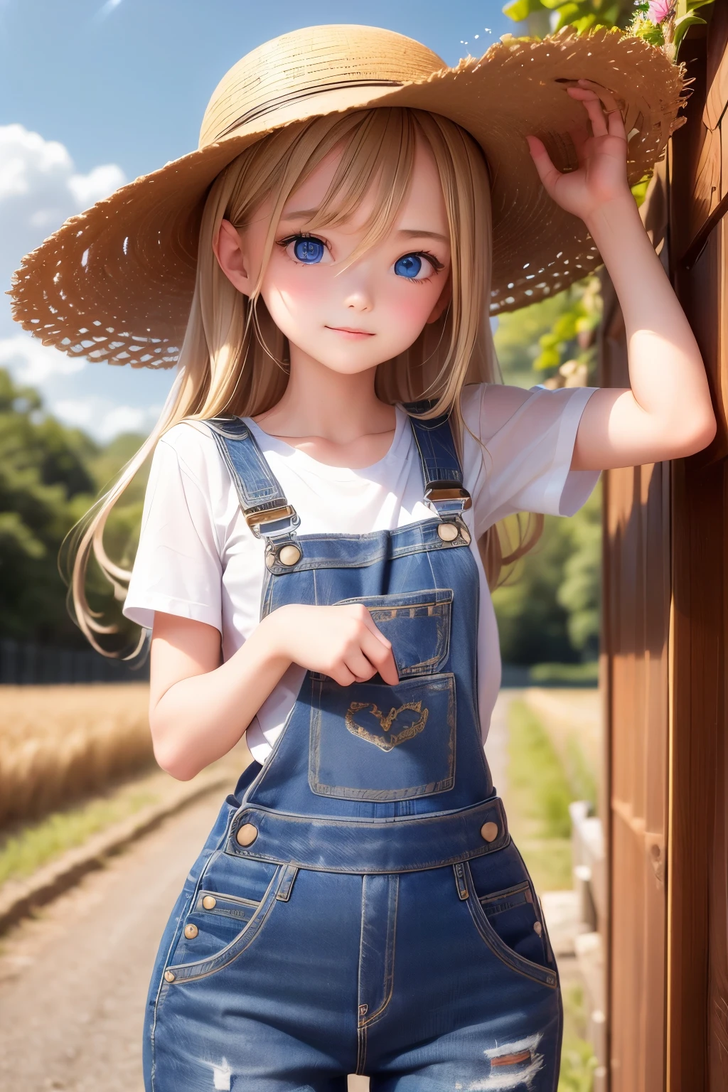 masterpiece,Highest quality,Very detailed,beautiful girl,Completely naked,Overalls,(Looking to the side), teenager,Perfect Face,Beautiful and detailed eyes,Beautiful Skin,skinny,Dynamic,smile,farm