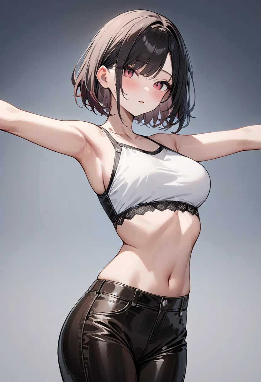 ((masterpiece)), ((best quality)), ((ultra-detailed)), 1girl,soli,((skinny)),pale skin,flat chest,((big eyes),brown eyes,black hair,very short hair,white bra,white panties,arm up,smugness,simple background,armpit focus,from side,short hair, medium hair,