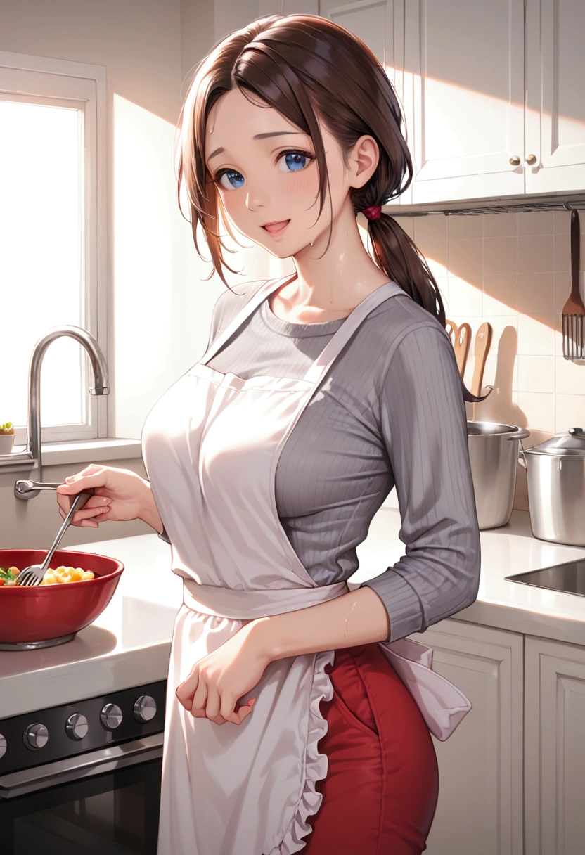 (score_9,score_8, score_8_up,masterpiece,high res image,Perfect Anatomy,Exquisite detailed:1.1)(realistic,photorealistic:1.0)1 female,tareme,Japanese,brown hair,long hair,straight hair,low ponytail,parted bangs,blue eyes,busty,make up,gray sweater,red pants,black waist apron,sad,open mouth,smile,sweaty,kitchen