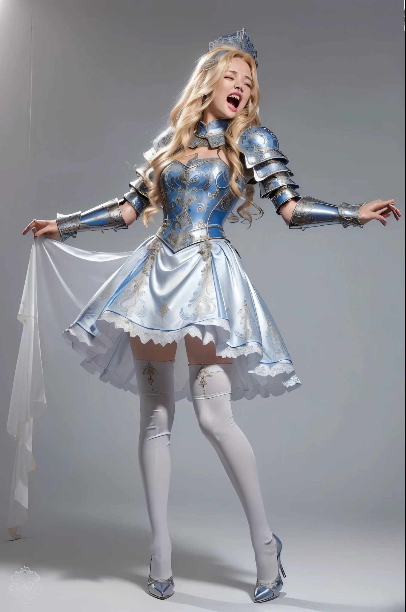 masterpiece, best quality photo, a beautiful 2 princess knight is screaming, (fancy engraved medieval metallic armor on top:1.3), (ornate silk skirt in blue:1.2), (thigh high white stocking:1.3), white high-heel:1.2, light gray metal armor, (detailed facial expression:1.2), extremely beautiful, grimace, screaming, strongly closed eyes, wide open lips:1.3, rich blonde hair:1.1, (painful screaming facial expression:1.2), dynamic pose,