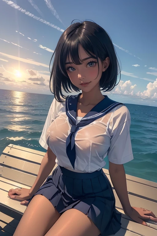 (masterpiece:2.0), (top-quality:2.0), (Ultra mini skirt extremely short length school girl uniform:1.5), (sitting naked in the lake:1.5), (view from the side:1.5), (super sexypose:1.5), (blushed face:1.3), (barechested:1.3), (Spilling boobs:1.4), (realistic:1.5), 1 little girl, precise small hands, Embarrassed look, light smile, extremely cute girl, innocent face, young face, Clear eyes, Shining eyes, small breast, cleavage of the breast is visible, under the boobs, (abdomen is visible:1.5), The buttocks is visible, The crotch is visible, No pubic hair, dynamic posing, The beautiful skin, ultra-definition, Top resolution, japan high school student, brown hair,