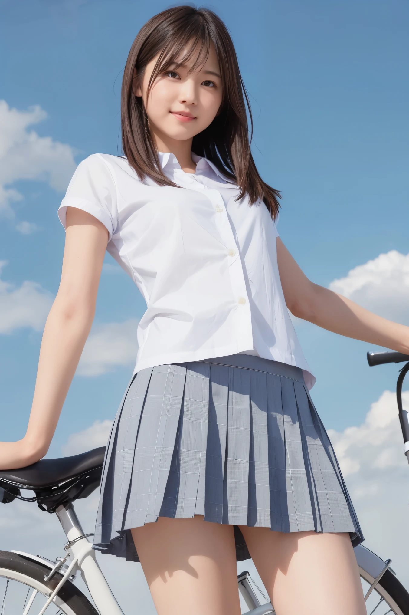 (Straddling the bicycle saddle、Japanese high school girl waiting at a traffic light)、(((White shirt without sleeves)))、Hands on the wheel, looking ahead、Bra visible from sleeve opening、((Light blue checkered mini pleated skirt))、Dark brown bob hair、Medium Hair、Straight hair、smile、Stretching his legs out on the curb、Her long, slender legs are beautiful、Well-proportioned physique,Spread your legs、Wear loafers、A gentle breeze blows and flips my skirt、((I can see your cotton panties.))、Back view at the intersection、(((Angle from below)))、Beautiful blue sky and white clouds、(Highest quality, masterpiece, High resolution)、8k、wallpaper、Her short skirt is rolled up, exposing her panties、Full body portrait