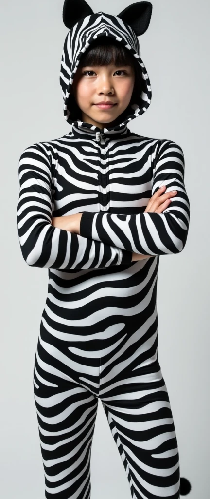 The beautiful Asian muslimah adult girl wearing a pair of glasses with beautiful cheeks wears zebra print full lycra dancewear turtleneck unitard catsuit with zebra print lycra elastane dancewear hijab.She wears like full animal costume.