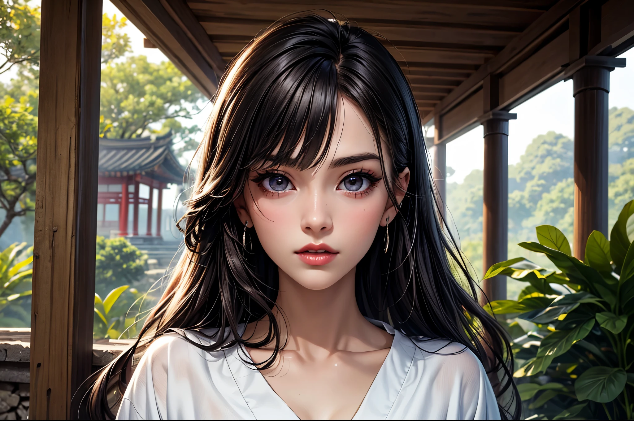 (best quality, 8K, masterpiece:1.3), pretty Woman, 1 girl, beautiful face, (seductive face), Black hair, blunt bangs single sidelock, absurdly long curtained straight hair, white casual dress, Ultra-detailed face, Detailed lips, super detailed eyes, double eyelids, long upper eyelashes, Soft skin, HD skin, Asia, Ancient temple ruins in East Asia, Ancient miracles, [broken building], jungle, 8k, Super detailed, best quality detail, retina, Ultra-high resolution, masterpiece, ccurate