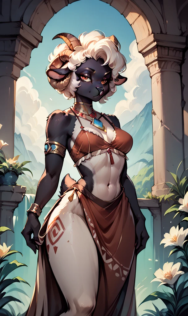 sheep, anthro, furry, female, feminine, fur, detailed fur, small goat horns
masterpiece, best quality, digital art, (realistic:0.3), cartoon, detailed lines, high resolution, visually stunning,buttocks
(detailed lighting, depth of field:0.9), detailed color, vivid color
perfect hands, detailed hands
(beautiful, cute, fluffy:1.2), detailed body, perfect breasts, 1girl, solo, smile
outdoors, nature, tribal accessories, tribal clothes