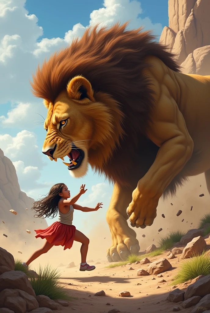 Angry lion hugging a girl