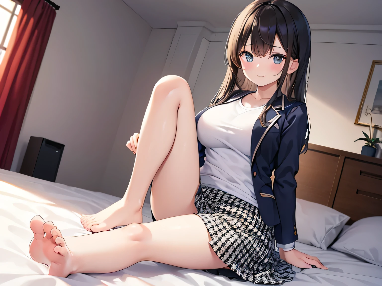 (masterpiece, top quality, high resolution, realistic photos, realistic looking skin:1.1),
(The woman is sitting, crouching, or lying on the bed, showing her panties to us:1.8),
(Her skirt is short and her panties are visible: 1.8),
(She should have a happy smiling face:1.5),
(She is wearing a blazer with a Houndstooth pattern: 1.8),
(She is wearing a body-fitted T-shirt under the blazer:1.8),
(She is wearing a Houndstooth-patterned skirt: 1.8),
(She has bare legs and bare feet:1.8),
(Her panties are white with a pattern: 1.5),
(She has semi-long black hair: 1.5),
(She has relatively large breasts: 1.5),
(She is one of the most beautiful women in the company. 1.5),
(Located on the bed in her bedroom: 1.5),
1 Japanese girl, solo, full bodied esbian, beautiful eyes, shining eyes, shining thighs, NSFW