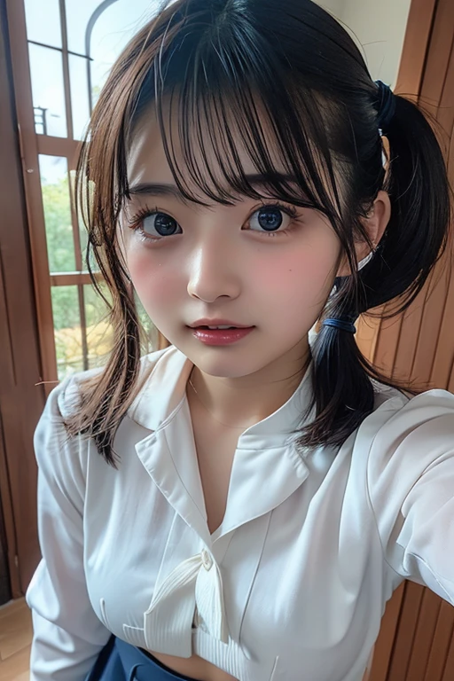 bright表情、photorealistic stick:1.32、highest quality、超A high resolution、Photos of the most beautiful Japan girls、cute and beautiful face details、small face、(Pueros face_V1:0.008)、美しいbangs、、Brilliant white skin、hair gets tangled in face、顔まで伸びるbangs、bangs、hair between eyes、charming brown silky hair、bright、Clear light blue eyes shine charmingly、dynamic pose、highest quality、disorganized、((the cutest girl in the world))、Japanese、on the bed、((dress with frills:1.3))、(half side up hair:1.3)、(tie with a thin ribbon)、nice and cute、innocent smile、nice smile、Bumpy chest、(small breasts:1.3)、(Crawl on all fours and look up:1.3)、ponytail、brown hair、thin waist、detailed beautiful eyes、view audience、Upper body、close up of face、Front view、