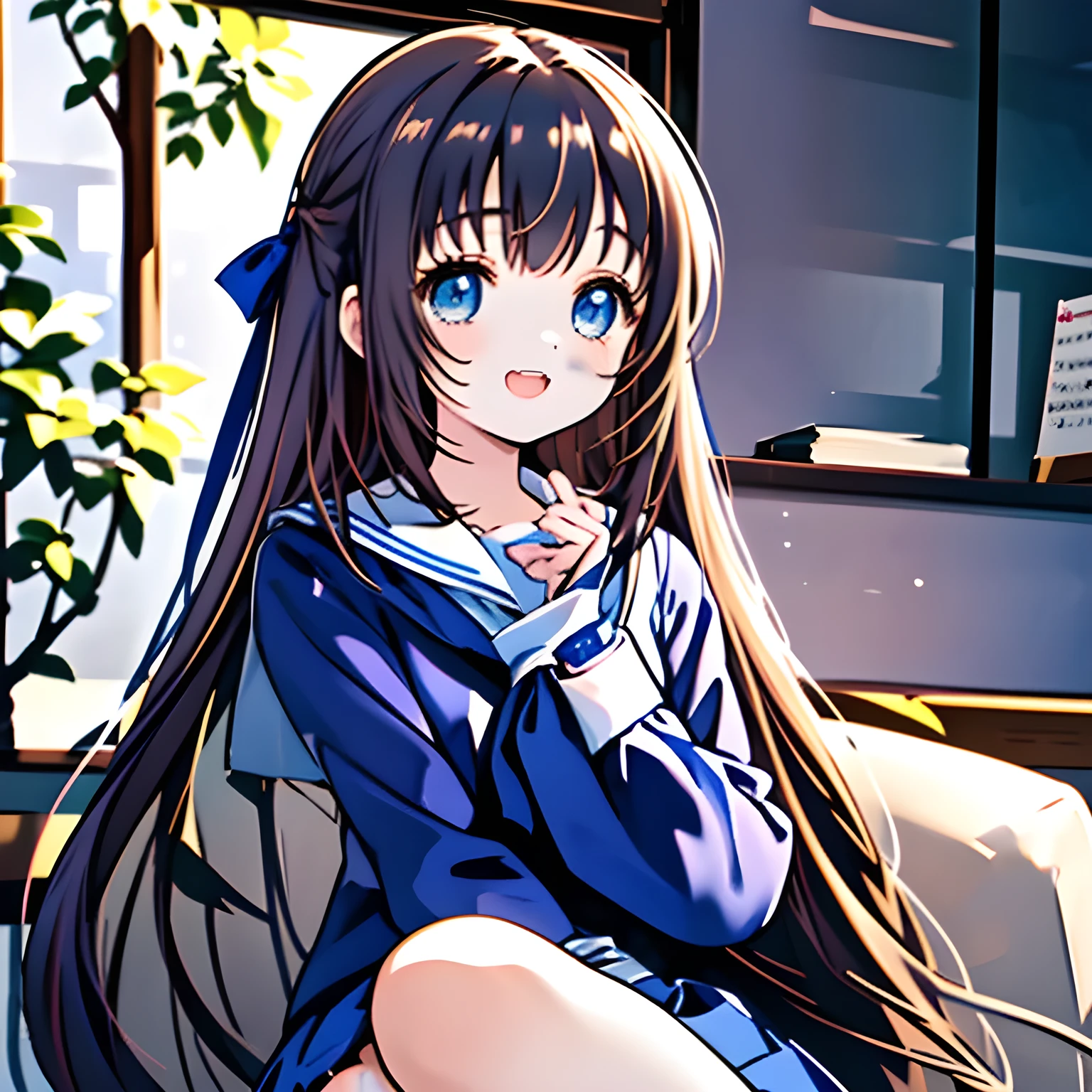 (highest quality, masterpiece, Full HD, High definition: 1.6), (Very carefully drawn cover of Japanese high-school girl's comics, Solo beautiful giggling noble elegant high-school girl wares navy sailor-styled uniform with leather school bag and flying in darkness, charming me sexually and elegantly, mature intelligent sexy noble face, Noble Elegant but lecherous salacious insane and lascivious, sailor uniform: 1.5), (Just one very beautiful noble heroine who is looking and laughing at me, Very detailed cute noble high-school French woman's noble eyes and face, Beautiful giggling eyes with detailed: 1.4), (Super-long bottom-eyelashes: 1.2), (Girl whom everyone loves because of her beauty and lovely fashion and noble manner and mind of evil succubus and magical-charm of evil succubus: 1.0), (Very beautiful, wavy, cutely super-super-long dark-dark-blue-dark-blue rich hair, with elegant hair ribbons, spreading on whole the screen: 1.3), (Laughing very beautiful and sapphire-blue mature intelligent cute-eyes which charms and enslave me inevitably, with clearly detailed: 1.4), (Eyes are clearly detailed), (very long eyelashes: 1.0), (Realistic noble neat noble school navy-colored sailor uniform with a noble expensive glossy red ribbon on the chest: 1.4), (Realistic Charming neat navy-colored deeply pleated long expensive school skirt: 1.5), (Soprano singer of classic music: 1.6), (Can't stop giggling: 1.6), Clear skin, (The background is nothing except black: 1.7), (Navy-colored tops and Navy-colored cute collar of sailor-uniform: 1.6), (Faces are especially detailed and carefully drawn.), (Shot from the side)