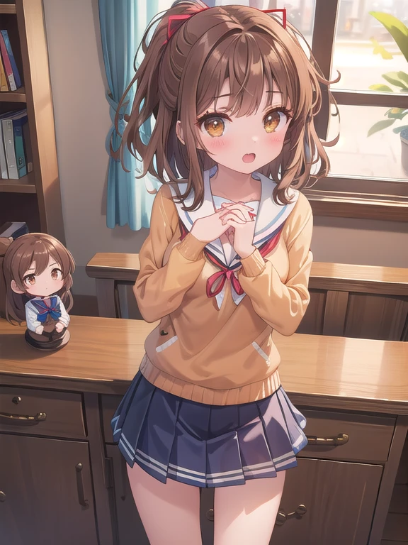 Beautiful illustrations、(masterpiece、Highest quality、8k ), (Beautiful details), Highly detailed face, Perfect lighting, Extremely detailed CG, (Perfect hands, Perfect Anatomy), 1 cute girl,Girl, Brown Hair, pony tail, Half Up, Medium Hair, Van, Brown eyes, Red ribbon, Small breasts、school uniform, Sparkling eyes、Thighs、A pose that attracts men、