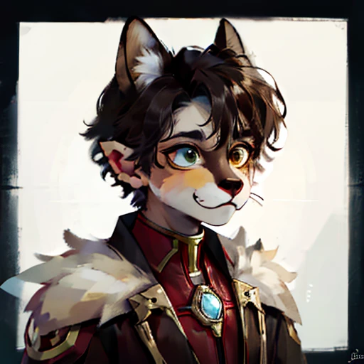 Olin character, Furry-caracal, heterochromia different eye color, blue eye yellow eye, nervous, upset, Looking into the frame, ears down, similar: iron man armor, fluffy, high quality, masterpiece, Beautiful, in detail, bright, Cute