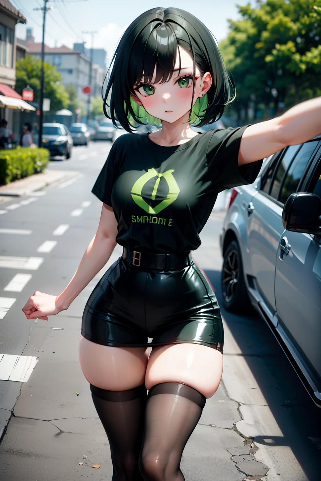 selfie, hair behind ear, makeup, light green hair, green hair, black hair, green and black gradient hair, short hair, straight hair, bangs, green eyes, (small breasts:0.7), (black skirt:1), dress, skirt, black thigh highs, (green tshirt:1.5), thick thighs, wide hips, thigh gap, thin waist, street, shops, cars, outdoors, walking, running, motion blur,