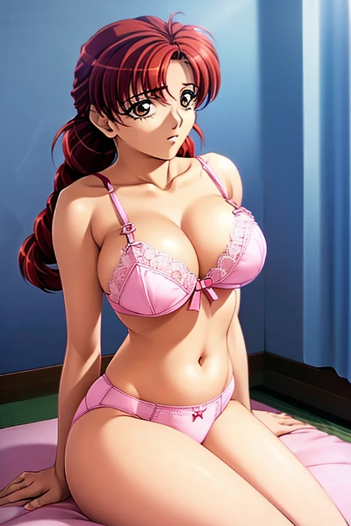 beautiful girl、Pink underwear、Big Breasts、Twin Roll Hair Red、Japanese、Background: On the bed