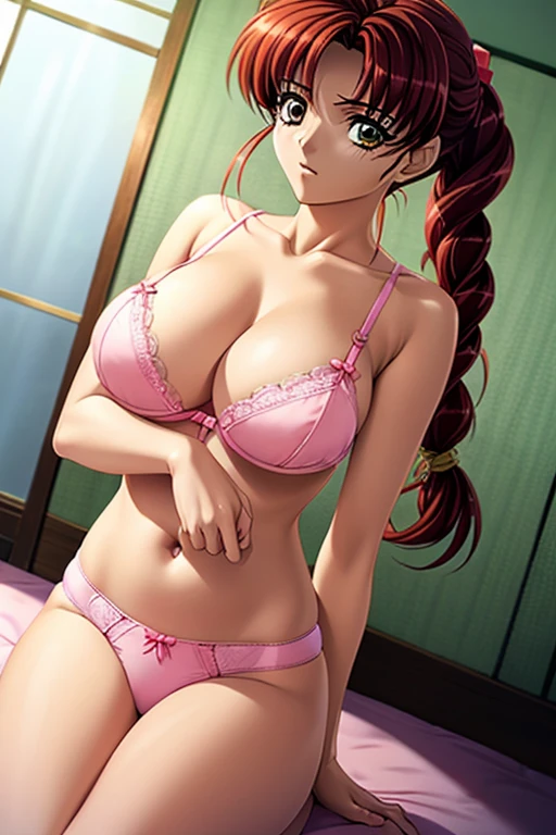 beautiful girl、Pink underwear、Big Breasts、Twin Roll Hair Red、Japanese、Background: On the bed