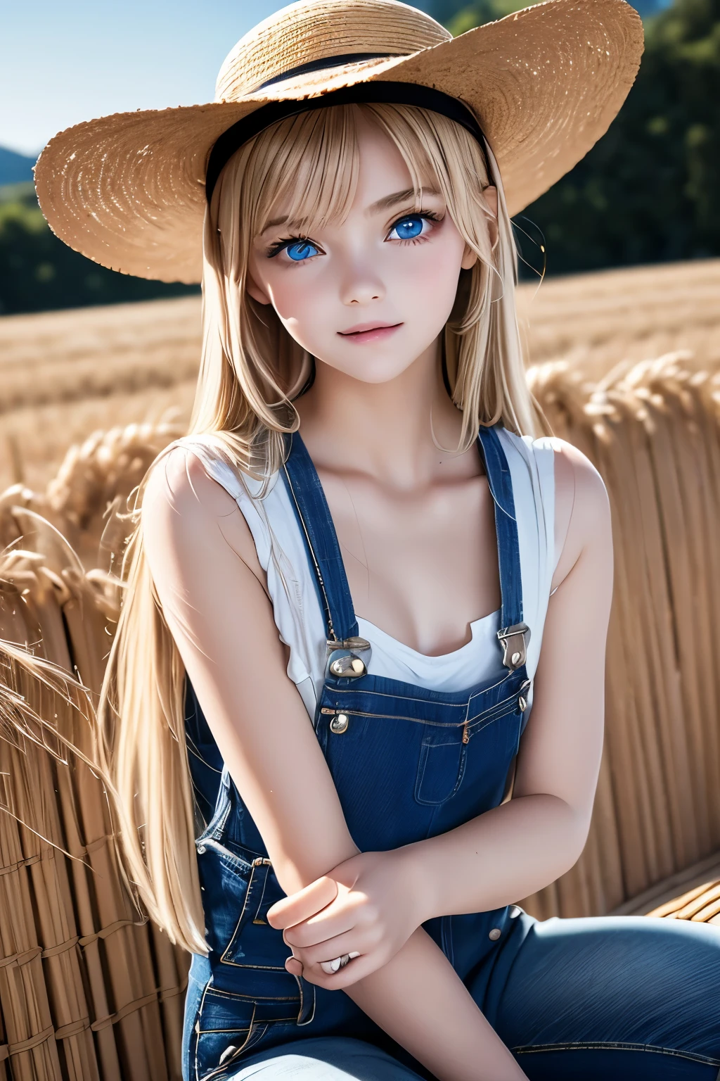 masterpiece,Highest quality,Very detailed,Looking to the side美少女,Blonde,Completely naked,back,Large Breasts,Overalls,Ten-gallon hat,(Looking to the side), teenager,Perfect Face,Beautiful and detailed eyes,Beautiful Skin,skinny,Dynamic,smile,Farm Outdoors