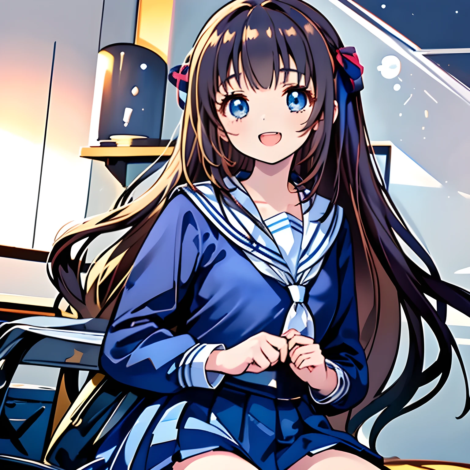 (highest quality, masterpiece, Full HD, High definition: 1.6), (Very carefully drawn cover of Japanese high-school girl's comics, Solo beautiful giggling noble elegant high-school girl wares navy sailor-styled uniform with leather school bag and flying in darkness, charming me sexually and elegantly, mature intelligent sexy noble face, Noble Elegant but lecherous salacious insane and lascivious, sailor uniform: 1.5), (Just one very beautiful noble heroine who is looking and laughing at me, Very detailed cute noble high-school French woman's noble eyes and face, Beautiful giggling eyes with detailed: 1.4), (Super-long bottom-eyelashes: 1.2), (Girl whom everyone loves because of her beauty and lovely fashion and noble manner and mind of evil succubus and magical-charm of evil succubus: 1.0), (Very beautiful, wavy, cutely super-super-long dark-dark-blue-dark-blue rich hair, with elegant hair ribbons, spreading on whole the screen: 1.3), (Laughing very beautiful and sapphire-blue mature intelligent cute-eyes which charms and enslave me inevitably, with clearly detailed: 1.4), (Eyes are clearly detailed), (very long eyelashes: 1.0), (Realistic noble neat noble school navy-colored sailor uniform with a noble expensive glossy red ribbon on the chest: 1.4), (Realistic Charming neat navy-colored deeply pleated long expensive school skirt: 1.5), (Soprano singer of classic music: 1.6), (Can't stop giggling: 1.6), Clear skin, (There is nothing background except black space of sexual darkness atmosphere: 1.7), (Navy-colored tops and Navy-colored cute collar of sailor-uniform: 1.6), (Faces are especially detailed and carefully drawn.), (Shot from the side)