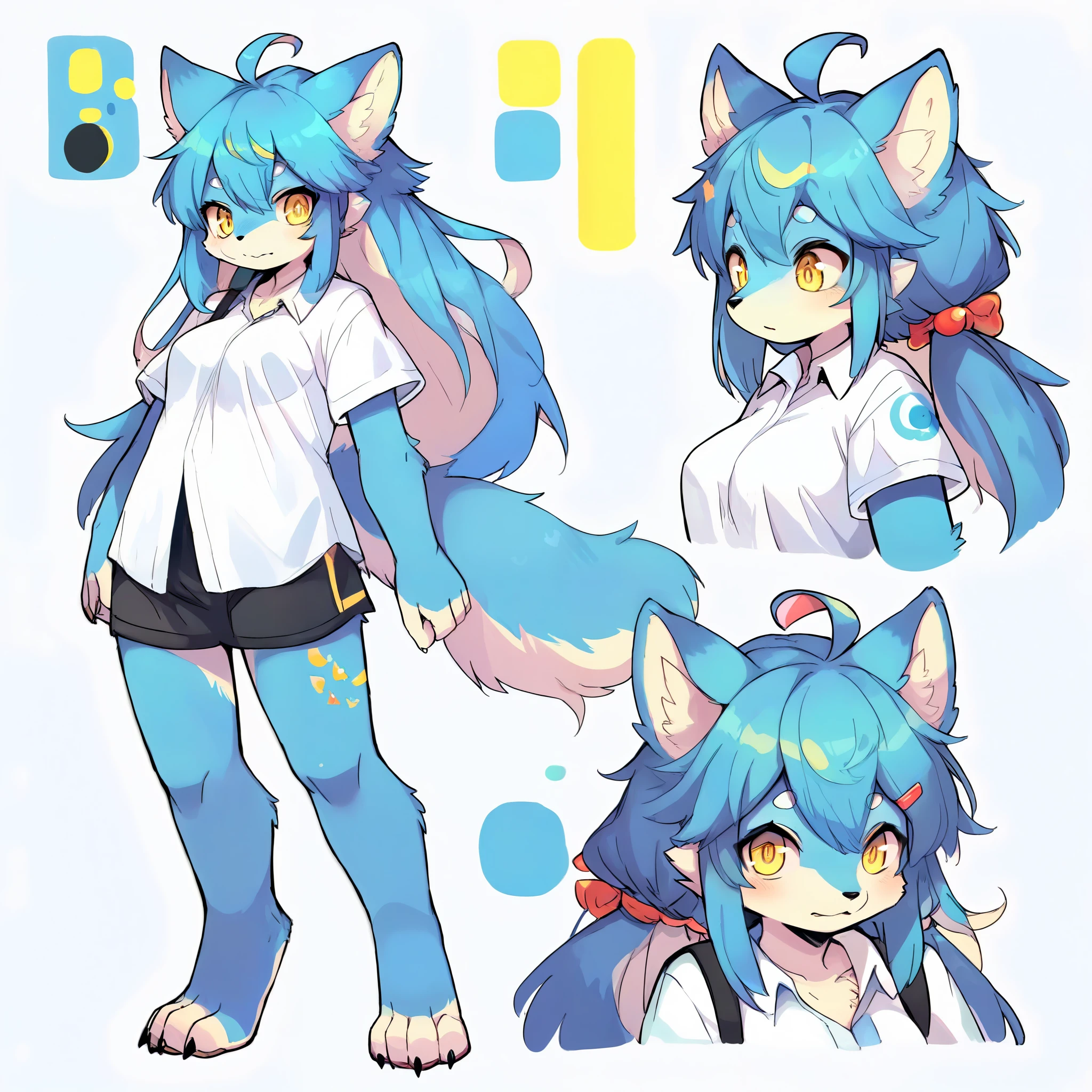 score_9, score_8_up, score_7_up, score_6_up, score_5_up, score_4_up, source_anime, source_furry, furry, female furry, anthro, kemono, digitigrade, countershading, snout, 1girl, wolf, blue fur, long hair, ahoge, yellow eyes, sidelocks, small_breasts, white shirt, bottomless, CharacterSheet, reference sheet, simple background