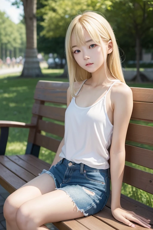 A 19 year old woman with her bleached hair color medium gray with large brown eyes, light skin and atmosphere sitting in the park taking a selfie