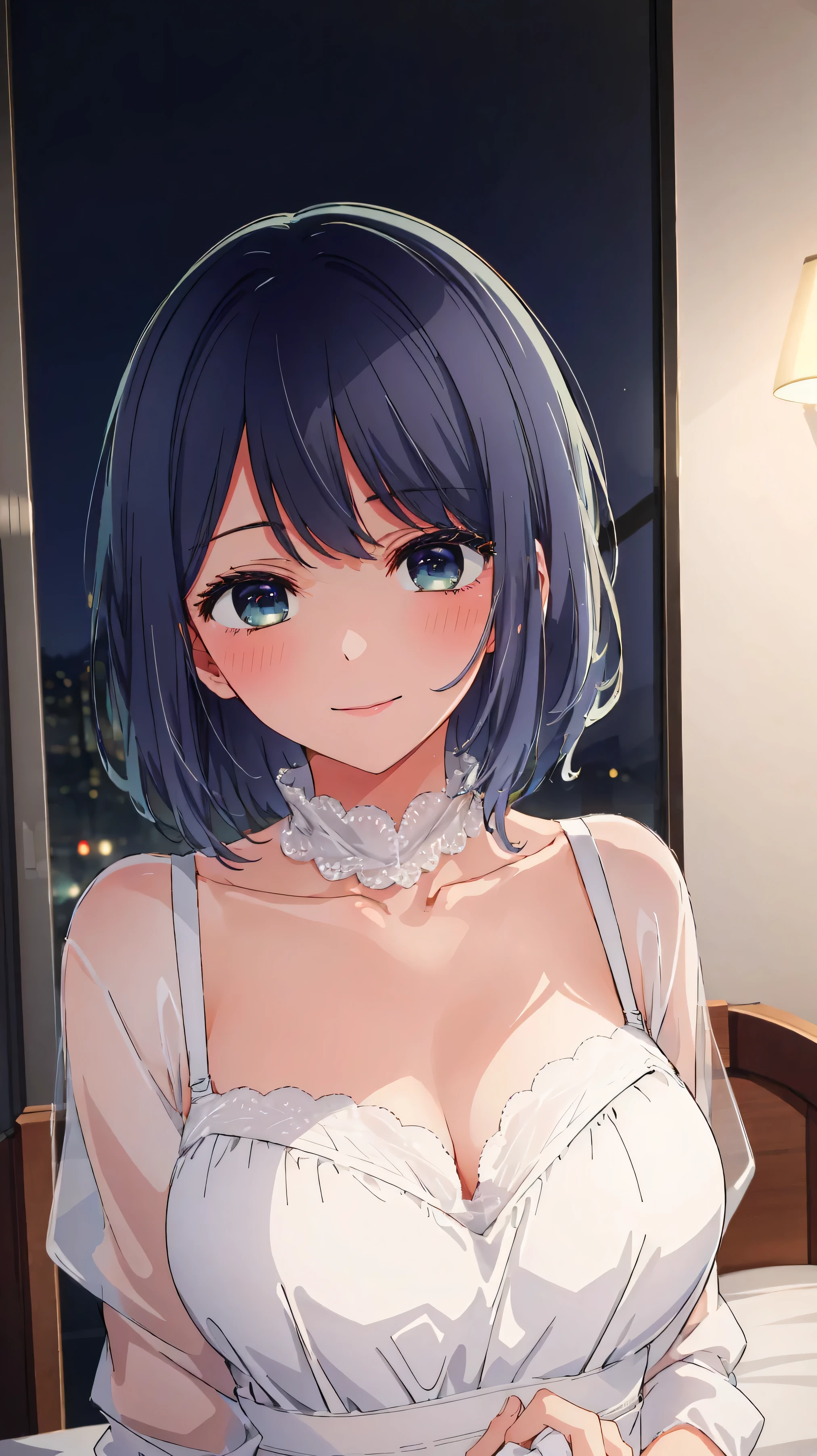 masterpiece, best quality, 1 girl, alone, detailed eyes, extremely blushing, very red, flirty smile, no bra, lying on the bed, background of a hotel room