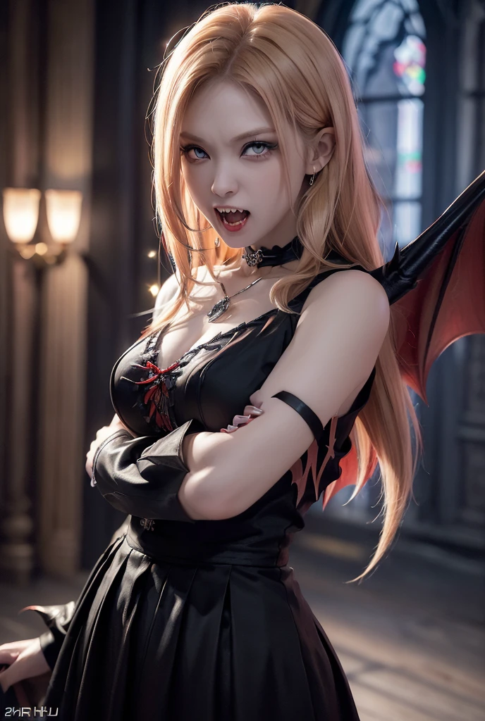 (((Female Vampire)))、(((arms out in front)))、(((Angry expression)))、(((Yawn)))、(((Open your mouth wide)))、(((Chasing Pose)))、(((Blonde)))、(It has two fangs:1.7)、(Bat Wings:1.3)、Black Hair、Japanese、young woman、cute、Beauty、1、(Background Church Cathedral)、(best quality,4K,8k,highres,masterpiece:1.2),ultra-detailed,(realistic,photorealistic,photo-realistic:1.37),HDR,uhd,studio lighting,ultra-fine painting,sharp focus,physically-based rendering,extreme detail description,professional,vivid colors,bokeh,cinematic lighting,dramatic shadow,