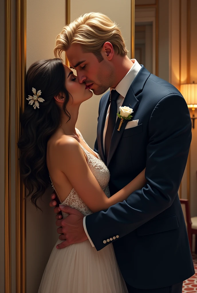A beautiful girl on sexy gown attire black facing a handsome guy on tailored suit and pushing the other guy on top and jean away while he stood by staring at them