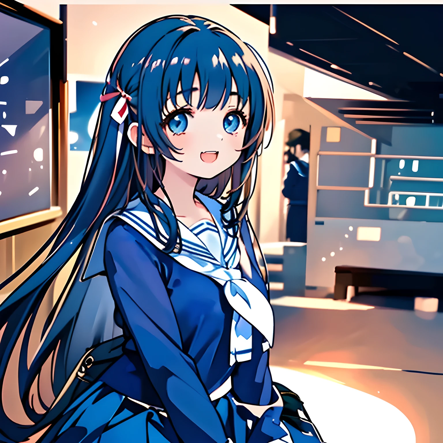 (highest quality, masterpiece, Full HD, High definition: 1.6), (Very carefully drawn cover of Japanese high-school girl's comics, Solo beautiful giggling noble elegant high-school girl wares navy sailor-styled uniform with leather school bag and flying in darkness, charming me sexually and elegantly, mature intelligent sexy noble face, Noble Elegant but lecherous salacious insane and lascivious, sailor uniform: 1.5), (Just one very beautiful noble heroine who is looking and laughing at me, Very detailed cute noble high-school French woman's noble eyes and face, Beautiful giggling eyes with detailed: 1.4), (Super-long bottom-eyelashes: 1.2), (Girl whom everyone loves because of her beauty and lovely fashion and noble manner and mind of evil succubus and magical-charm of evil succubus: 1.0), (Very beautiful, wavy, cutely super-super-long dark-dark-blue-dark-blue rich hair, with elegant hair ribbons, spreading on whole the screen: 1.3), (Laughing very beautiful and sapphire-blue mature intelligent cute-eyes which charms and enslave me inevitably, with clearly detailed: 1.4), (Eyes are clearly detailed), (very long eyelashes: 1.0), (Realistic noble neat noble school navy-colored sailor uniform with a noble expensive glossy red ribbon on the chest: 1.4), (Realistic Charming neat navy-colored deeply pleated long expensive school skirt: 1.5), (Soprano singer of classic music: 1.6), (Can't stop giggling: 1.6), Clear skin, (There is nothing background except black space of sexual darkness atmosphere: 1.7), (Navy-colored tops and Navy-colored cute collar of sailor-uniform: 1.6), (Faces are especially detailed and carefully drawn.), (Shot from the side),  Evil sexual darkness atmosphere