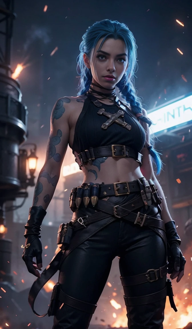 Jinx's character design, Holding a grenade launcher in the shape of a shark, crying, Hot Pink Tears, shoots, Screams, Explosions in the background, half naked, beautiful breasts, Sexy, Arcane's Jinx, sexypose, waves his hand, Pink glowing eyes, hairlong, hairsh, braided into long braids, Pigtails hang below the knee, Hair color changes from bright blue to navy blue, Dressed in brown breeches, Leather boots on the feet, Top with four gold circles on the chest in the middle of the chest, Blue cloud tattoos on shoulders and waist, Long bangs, hanging on the right side, Belt with cartridges on the belt, A pistol in a holster on his left leg, Arcane style, extremely detailed CG unity 8k wallpaper, detailed light, Cinematic lighting, chromatic aberration, glittering, expressionless, epic composition, dark in the background, Cherecter Desing, Very detailed, Detailed body, Vibrants, Detailed Face, sharp-focus, anime art, Vibrants, Detailed Face, Hugh Details, sharp-focus, Very drooping face, A detailed eye, super fine illustration, better shadow, finely detail, Beautiful detailed glow, Beautiful detailed, Extremely detailed, expressionless, epic composition, Presented at artstation, Octane Render, artstation hd, Cinematic, 4 thousand., hypermaximalist, elegant