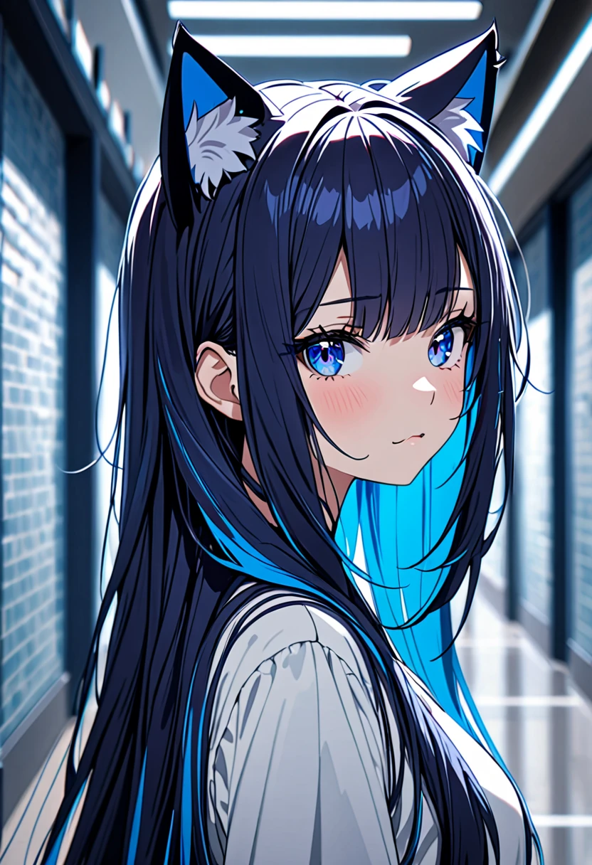 8K Ultra High-Quality, ultra-detailed, High quality, 2, Dark Blue hair, Neon Blue Inner layer hair, Long hair, Cat ears, neutral expression, close up, hallway background