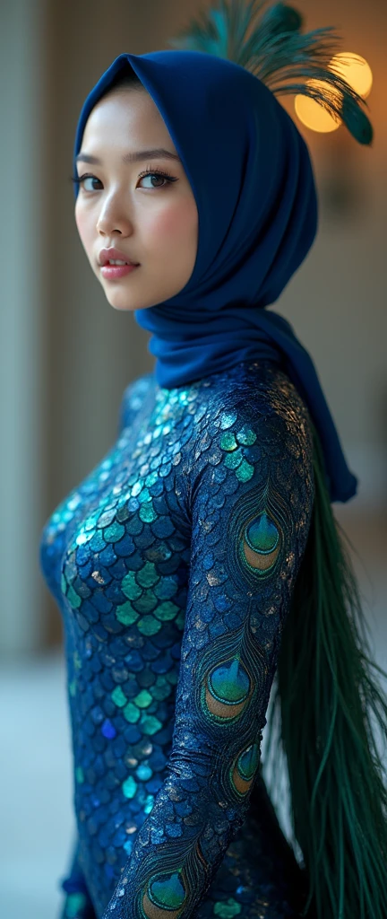 The beautiful asian Chinese adult girl with beautiful cheeks wears blue peacock lycra turtleneck unitard catsuit covered with scales.She has a large beautiful peacock tail.She always wear lycra elastane dancewear hijab-like hood.She is happy at home.