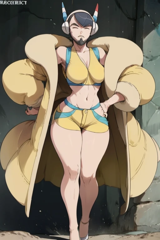 ProfessorCedricJuniper, short hair, beard, huge breast, large breast, cleavege, headgear, navel, fur coat, yellow coat, open coat, coat, jacket, yellow jacket, open jacket, crop top, shorts, short shorts, high heels, hands on hips, full body, best quality, high quality, 4k, photograph,