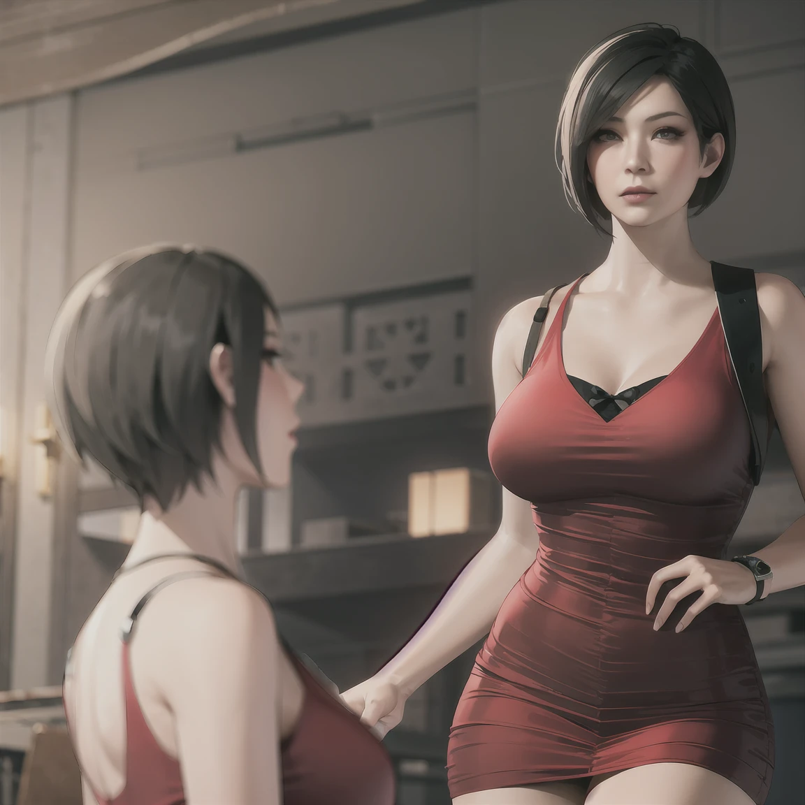 1girl, cowboy shot of beautiful ada, looking at viewer, red dress, black hair, blush, short hair, athletic night, volumetric lighting, best quality, masterpiece, intricate details, tonemapping, sharp focus, hyper detailed, trending on Artstation, ada, realistic , big breasts