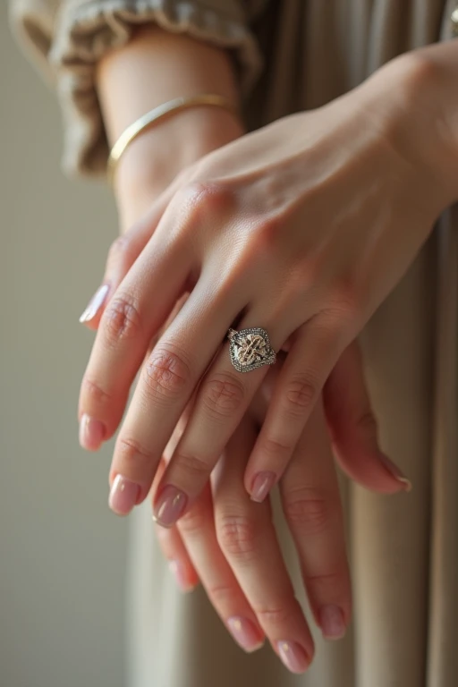 A female hand with the ring and half wedding band together, captured in an elegant pose, with a minimalist background