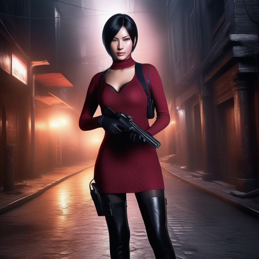 Ultra-realistic extremely detailed real life 8k masterpiece of a gorgeous asian woman re ada wong wearing black pantyhose re4 style dress in a dark alley at night, ada holding gun in hand, extremely detailed facial features, dark scary epic lighting, horror composition, big breasts