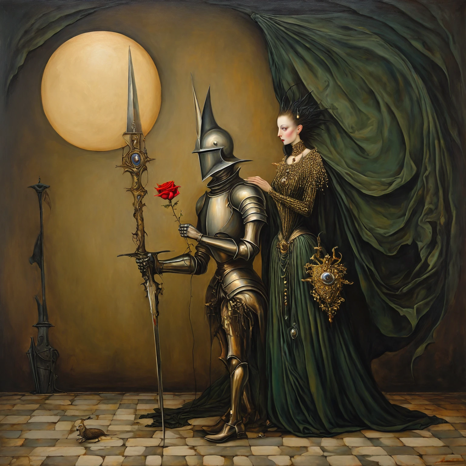 Aesthetic Surrealism painting, fusion of techniques, palette, styles by Esao Andrews, Michael Parkes, Leonora Carrington: A knight kneeling, a rose in his hand, which he reverently holds out to the lady of his heart, as he looks at her. The knight is clad in the shining armor of the Order of the Sorrowful Moon, decorated with symbols of the moon and stars, shield and sword lying by his side The lady is dressed in an elegant dress of the time with exquisite details and jewelry. In the background of the paved courtyard of the Auberge D'Italie in Valletta, Malta, 1588. Aesthetic surrealism, оil painting, golden sepia, xereus purple outline of canvas details, whimsical contrast, intricate details, bright light, aesthetic, beautiful, surreal and vivid organic shapes, green ornate stroke, balanced composition, mysterious atmosphere, enigmatic expression, intricate patterns, surreal elements, oil painting technique, meticulous brushwork, dynamic movement, fusion of styles, masterful execution, color palette: dark green, black, gold, purple