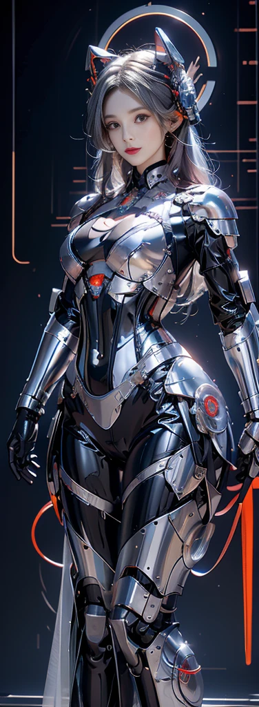 Silver skin, skeletal, serious face, bald, futuristic, cyberpunk, cybernetic, robotic body, robotic arms, robotic legs, whole body, background: futuristic city on fire ,