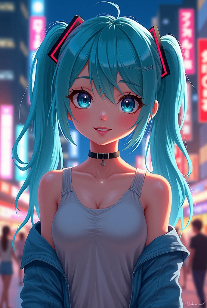 (best quality,ultra-detailed,realistic:1.37),cute anime girl,light blue hair,detailed eyes,detailed lips,smiling,wearing a cute outfit,cheerful expression,vibrant colors,soft lighting,anime style,fantasy background,playful pose,beautifully illustrated, vtuber, cyberpunk anime girl,