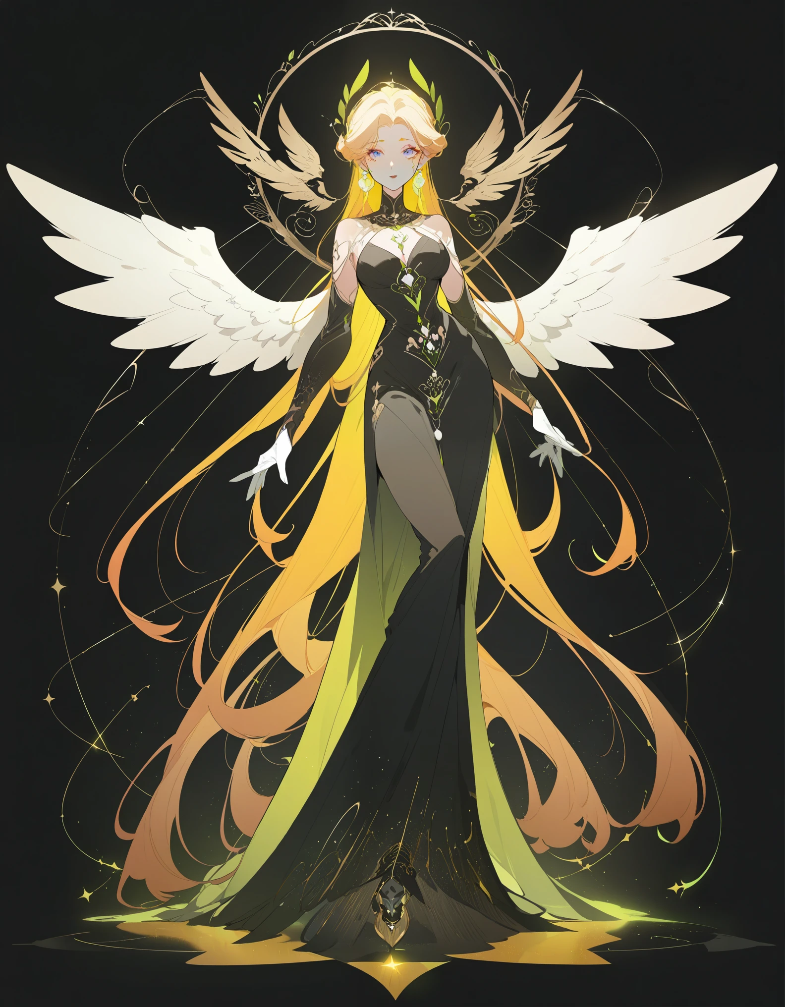 Full body portrait of 1 girl, angelicales, Angel wings, Gorgeous long dress, standing on your feet, (((solo))), Clear facial features, Simple line design, ((Solid black background)), tarot design, Standing drawings of characters, ((flatcolors)), (tmasterpiece，top Quority，best qualtiy，Ultra-high resolution，Clear facial features，beautidful eyes，beauitful face)
