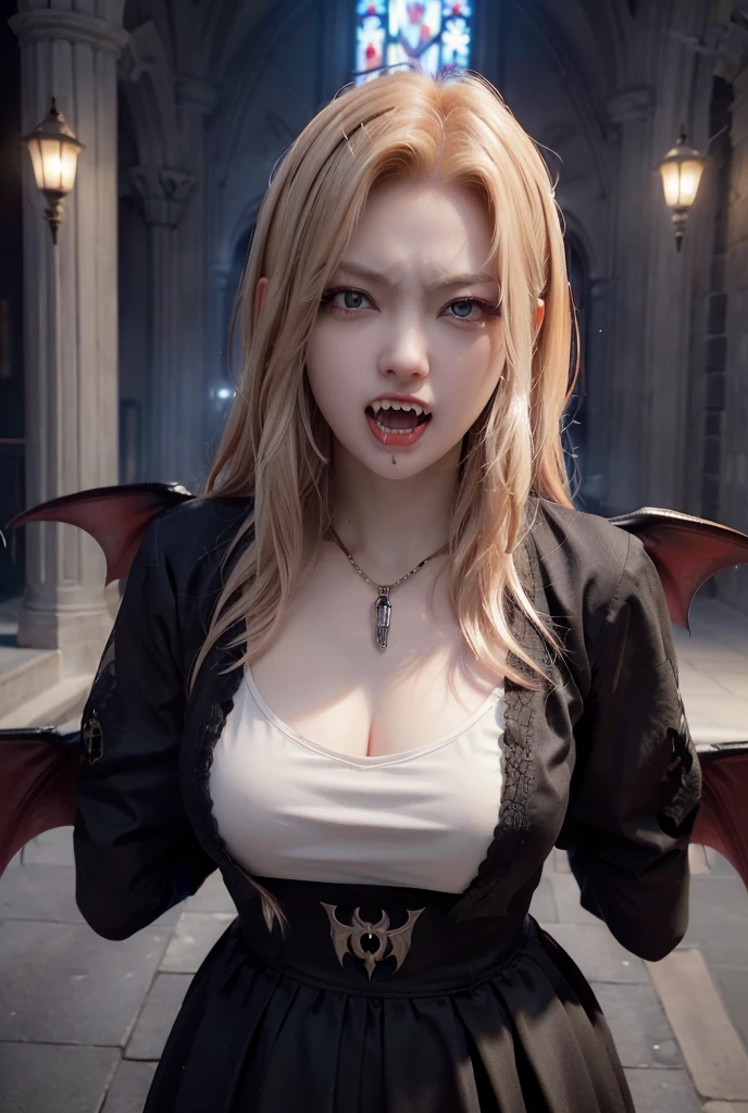 (((Female Vampire)))、(((Angry expression)))、(((Yawn)))、(((Open your mouth wide)))、(((Chase)))、(((Blonde)))、(It has two fangs:1.7)、(Bat Wings:1.3)、Black Hair、Japanese、young woman、cute、Beauty、1、(Background Church Cathedral)、(best quality,4K,8k,highres,masterpiece:1.2),ultra-detailed,(realistic,photorealistic,photo-realistic:1.37),HDR,uhd,studio lighting,ultra-fine painting,sharp focus,physically-based rendering,extreme detail description,professional,vivid colors,bokeh,cinematic lighting,dramatic shadow,