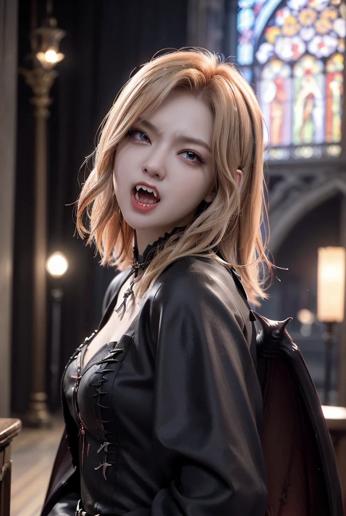 (((Female Vampire)))、(((Angry expression)))、(((Yawn)))、(((Open your mouth wide)))、(((Chase)))、(((Blonde)))、(It has two fangs:1.7)、(Bat Wings:1.3)、Black Hair、Japanese、young woman、cute、Beauty、1、(Background Church Cathedral)、(best quality,4K,8k,highres,masterpiece:1.2),ultra-detailed,(realistic,photorealistic,photo-realistic:1.37),HDR,uhd,studio lighting,ultra-fine painting,sharp focus,physically-based rendering,extreme detail description,professional,vivid colors,bokeh,cinematic lighting,dramatic shadow,