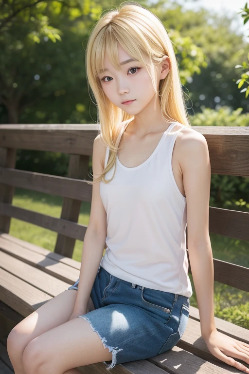 ​1 Japanese beautiful girl,28yo girl, Super beautiful detailed face, (smile:1.4), earrings, (blonde semi-long straight hair with parted bangs:1.6), (gyaru:1.3),(Slender body:1.5), (neutral-colored large areola:1.4), (hairy pussy:1.1),(camel toe), (no bra:1.3), (nipples poking through shirt), (nipples), BREAK, masterpiece, best quality, ultra quality, high quality, realistic, photo realistic, RAW photo, hyper detailed, intricate detaile,(cinematic lighting:1.2),raytracing,above knee shot,((from front)),(front view:1.5), (medium shot),  BREAK (wearing white Tank Top1.3), BREAK (denim micro skirt:1.3),Sunlight,sunshine,during daytime,(crowded street), BREAK (skirtlift),(sexy thong)