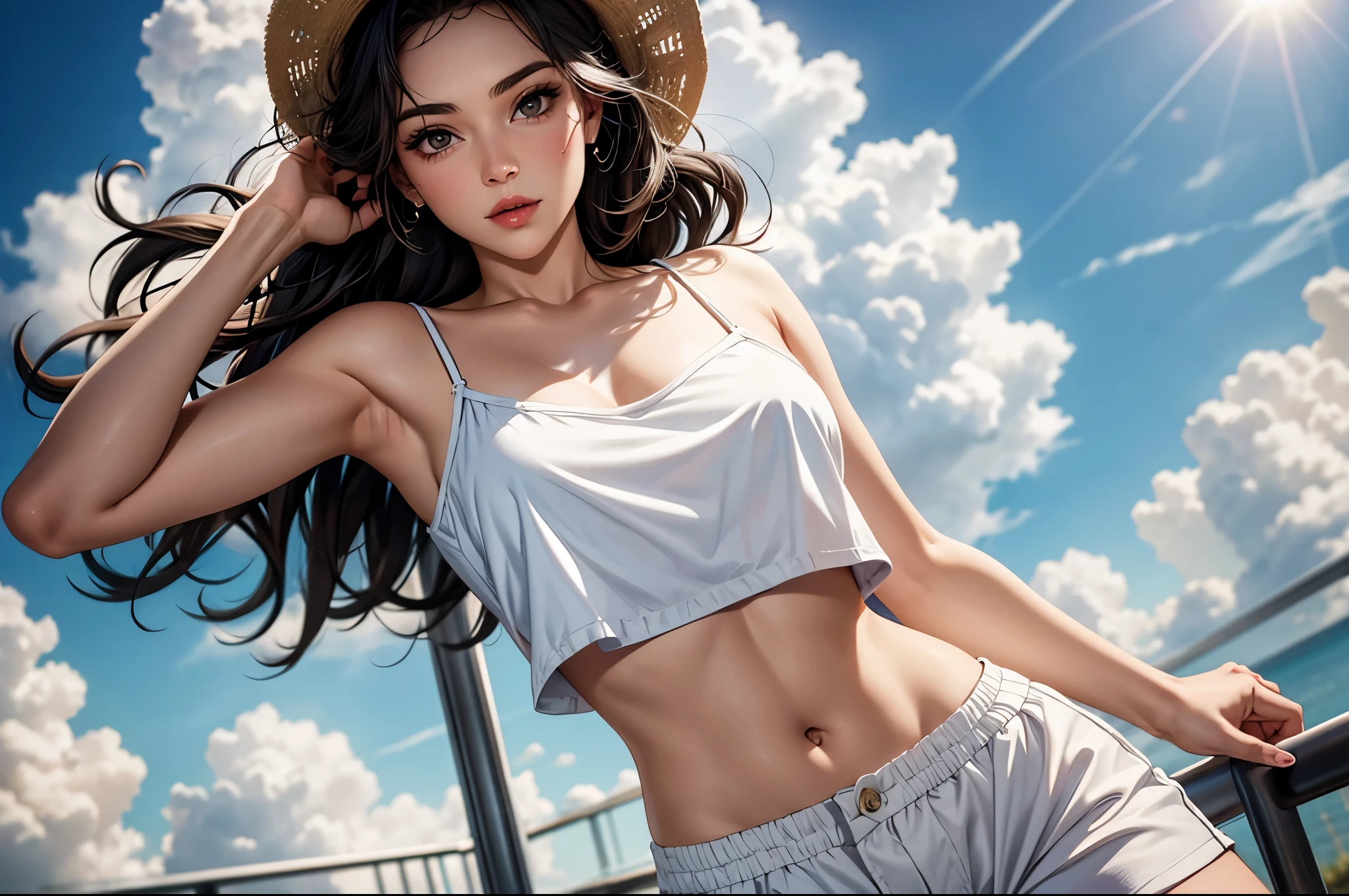 topless, (((breastless clothes))), spread pussy, (((spread pussy))), spread legs, extremely detailed CG unified 8k wallpaper, very fine 8KCG wallpaper, (​masterpiece, Best Quality), High resolution, Ultra-detailed, ultra-sharp, Cinematic lighting, 1 girl, full nude,Naked, sitting on beach,  (((White sheer blouse, Microblouse, Sleeveless))), (((transparent blouse), (((navel ))),  (((White sheer micro mini skirt))),  (Beautiful face, Cute face, Detailed face), ((( black Hair, semi-long hair, hair, Hair pulled back, wavy hair, ponytail))), (((Detailed beautiful green eyes))), BREAK, (((Sunny))),