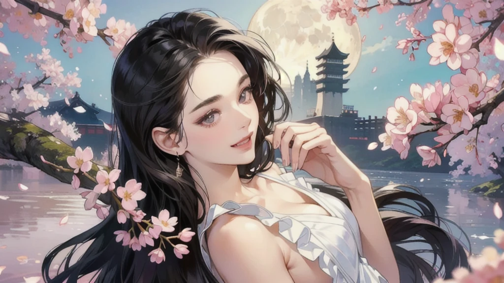 (,1 Girl, Throw,best quality, ) , (((,1 Girl, Solitary, Large Breasts, Cleavage，Looking at the audience, Cherry blossoms,lake, snow, snowing, lake,   Full Moon,  moonlight, night, night sky,sparkle Hair accessories,  )))   Ultra-realistic 8k CG, Flawless, Clean, masterpiece, Professional artwork, Famous Artworks, light, Bloom, Perfect face, Pretty Face, fantasy, Like a dream, illusory, Science fiction, Lace, Lace trim, Lace-trimmed legwear, luxurious, Jewelry, diamond, Kaneko, pearl, gem, 蓝gem, 红gem, emerald, Intricate details, Exquisite pattern, charming, Tempting, Tempting, , enchanting, Hair accessories, neckLace, earrings, bracelet, armband,Halo,autumn,