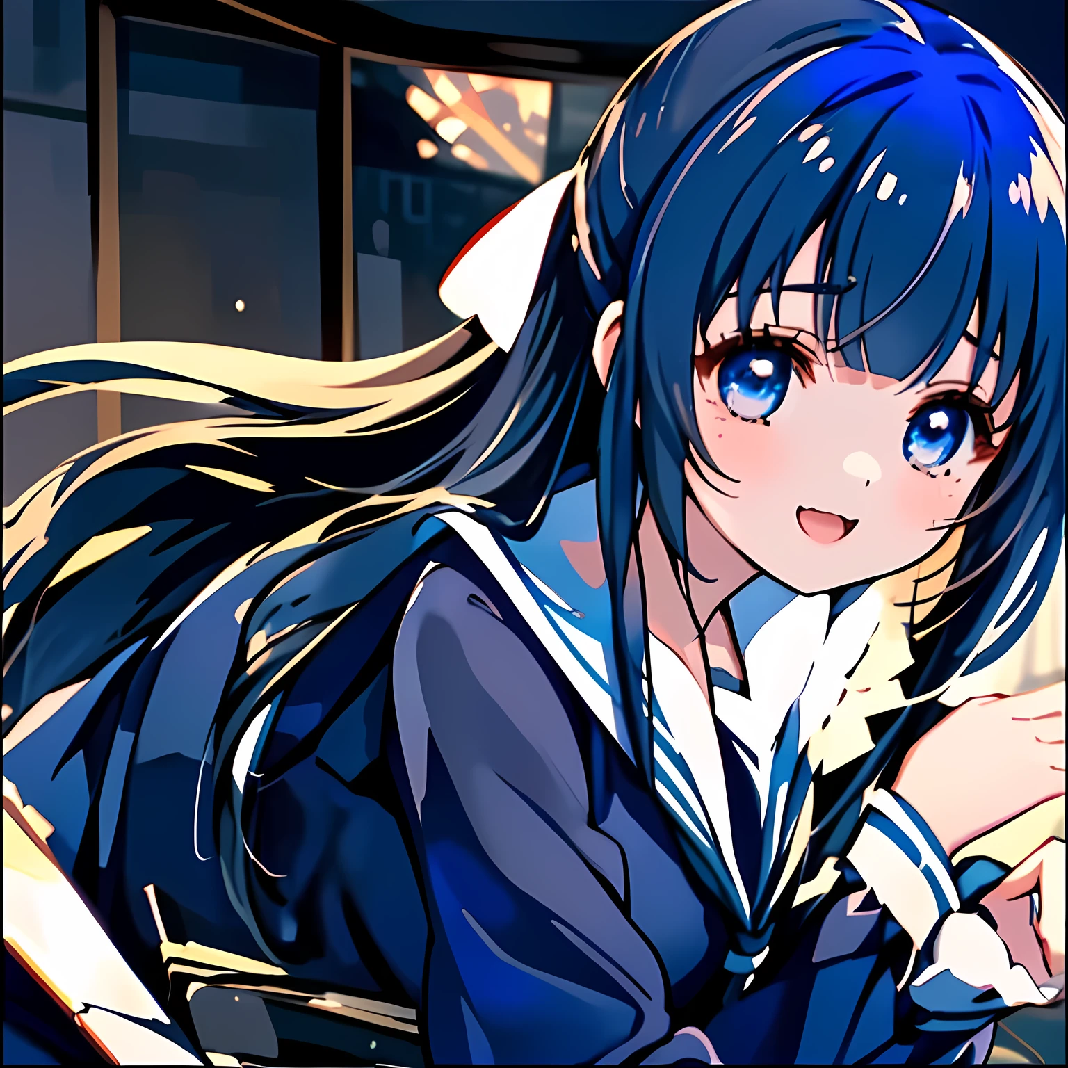 (highest quality, masterpiece, Full HD, High definition: 1.6), (Very carefully drawn cover of Japanese high-school girl's comics, Solo beautiful giggling noble elegant high-school girl wares navy sailor-styled uniform with leather school bag is inviting me into sexual salacious darkness, in evil-sexy black-darkness room, charming me sexually and elegantly, mature intelligent sexy noble face, Noble Elegant but lecherous salacious insane and lascivious, sailor uniform: 1.5), (Just one very beautiful noble heroine who is looking and laughing at me, Very detailed cute noble high-school French woman's noble eyes and face, Beautiful giggling eyes with detailed: 1.4), (Super-long bottom-eyelashes: 1.2), (Girl whom everyone loves because of her beauty and lovely fashion and noble manner and mind of evil succubus and magical-charm of evil succubus: 1.0), (Very beautiful, wavy, cutely super-super-long dark-dark-blue-dark-blue rich hair, with elegant hair ribbons, spreading on whole the screen: 1.3), (Laughing very beautiful and sapphire-blue mature intelligent cute-eyes which charms and enslave me inevitably, with clearly detailed: 1.4), (Eyes are clearly detailed), (very long eyelashes: 1.0), (Realistic noble neat noble school navy-colored sailor uniform with a noble expensive glossy red ribbon on the chest: 1.4), (Realistic Charming neat navy-colored deeply pleated long expensive school skirt: 1.5), (Soprano singer of classic music: 1.6), (Can't stop giggling: 1.6), Clear skin, (There is nothing background except black space of sexual darkness atmosphere: 1.7), (Navy-colored tops and Navy-colored cute collar of sailor-uniform: 1.6), (Faces are especially detailed and carefully drawn.), (Shot from the side),  (Evil sexual darkness atmosphere: 1.0)