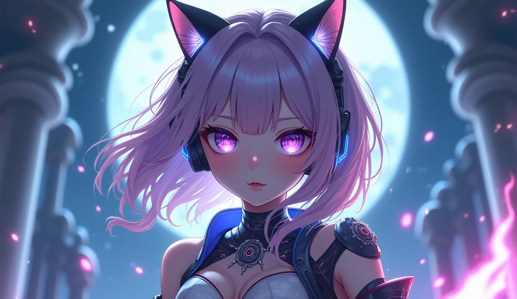 detailed textures, high quality, high resolution, high precision, realism, color correction, correct lighting settings, harmonious composition. Stunning anime girl with an intricate tattoo on her neck., radiating elegance and beauty.,in the style of neon realism, indigo and light black, Gothic modern, anime cat style character design, dark white and indigo, bold but elegant, cyberpunk manga, cat girl, detailed costumes --AR 3:4