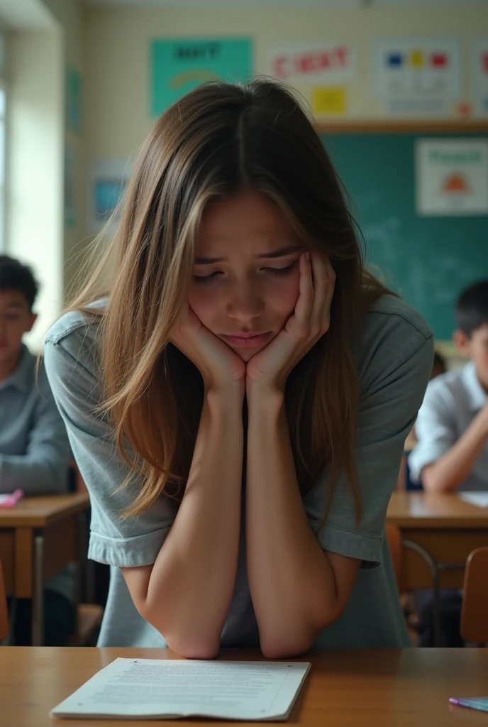 A young American high school girl,blonde hair,crying,Tears dripping down her cheeks out of an office,school setting