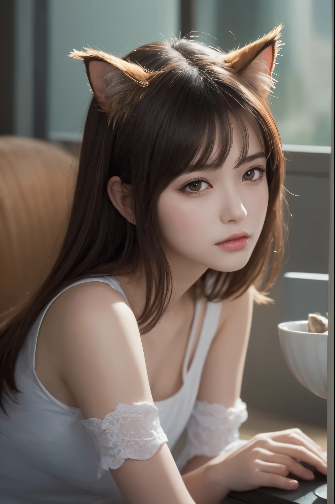 (1Girl 19yo, russian model face), (((Brown Hair, Brown Eyes))), (two cute little (short) deer horns in her head), Naked, in a dark medieval bedroom