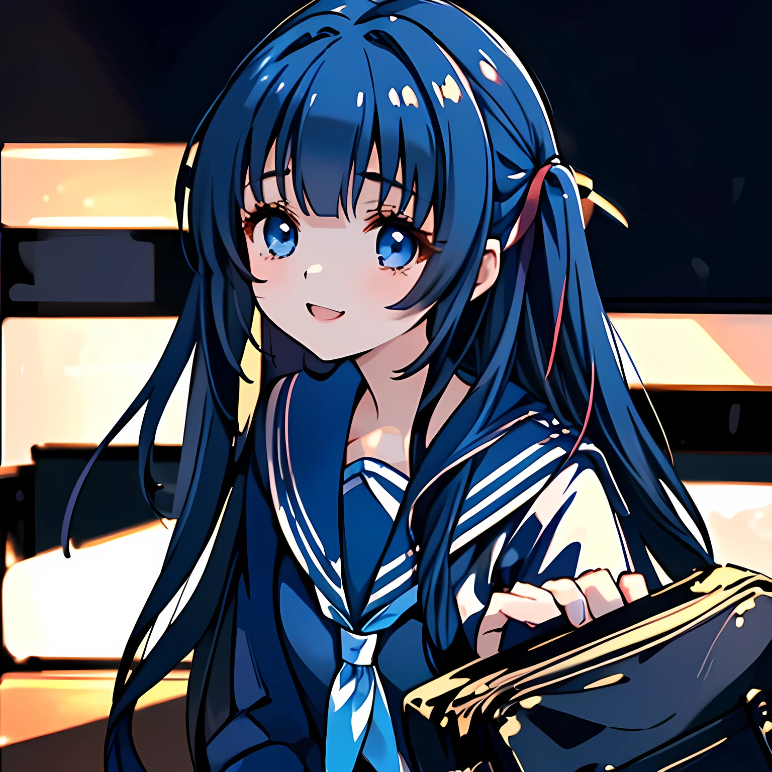 (highest quality, masterpiece, Full HD, High definition: 1.6), (Very carefully drawn cover of Japanese high-school girl's comics, Solo beautiful giggling noble elegant high-school girl wares navy sailor-styled uniform with leather school bag is inviting me into sexual salacious darkness, in evil-sexy black-darkness room, charming me sexually and elegantly, mature intelligent sexy noble face, Noble Elegant but lecherous salacious insane and lascivious, sailor uniform: 1.5), (Just one very beautiful noble heroine who is looking and laughing at me, Very detailed cute noble high-school French woman's noble eyes and face, Beautiful giggling eyes with detailed: 1.4), (Super-long bottom-eyelashes: 1.2), (Girl whom everyone loves because of her beauty and lovely fashion and noble manner and mind of evil succubus and magical-charm of evil succubus: 1.0), (Very beautiful, wavy, cutely super-super-long dark-dark-blue-dark-blue rich hair, with elegant hair ribbons, spreading on whole the screen: 1.3), (Laughing very beautiful and sapphire-blue mature intelligent cute-eyes which charms and enslave me inevitably, with clearly detailed: 1.4), (Eyes are clearly detailed), (very long eyelashes: 1.0), (Realistic noble neat noble school navy-colored sailor uniform with a noble expensive glossy red ribbon on the chest: 1.4), (Realistic Charming neat navy-colored deeply pleated long expensive school skirt: 1.5), (Soprano singer of classic music: 1.6), (Her mouth can't stop giggling: 1.6), Clear skin, (There is nothing background except black space of sexual darkness atmosphere: 1.7), (Navy-colored tops and Navy-colored cute collar of sailor-uniform: 1.6), (Faces are especially detailed and carefully drawn.), (Shot from the side),  (Evil sexual darkness atmosphere: 1.0)