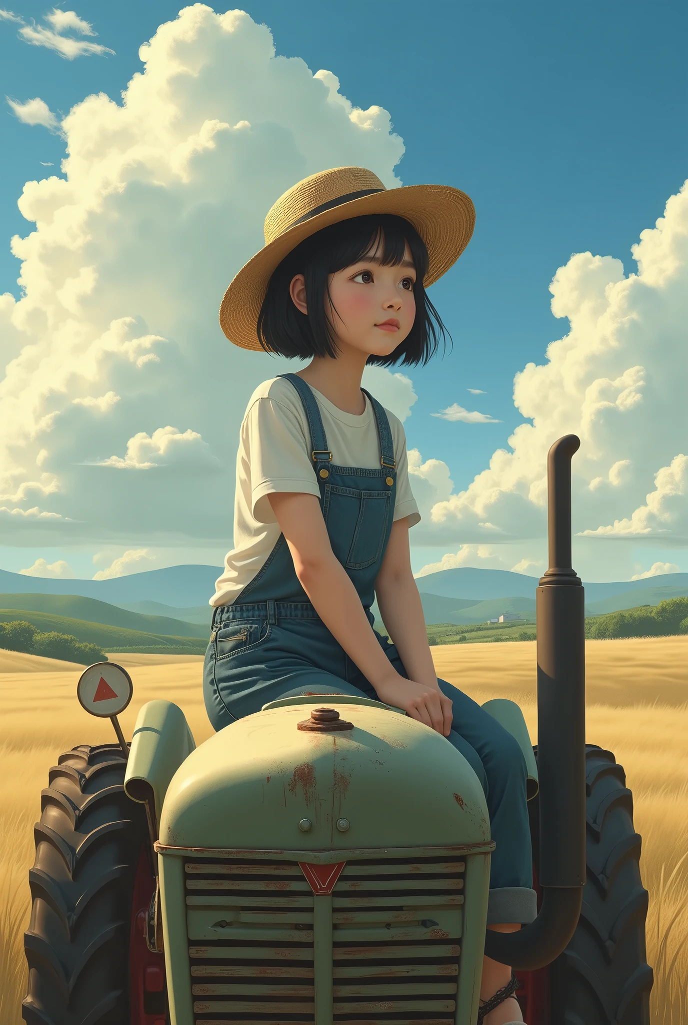 live-action、realistic、Real、Beautiful Japanese Girl、Black Hair、Bobcut、Straw hat、White T-shirt、Overalls、Sitting on a tractor、sunny、cumulonimbus、See who&#39;s watching。