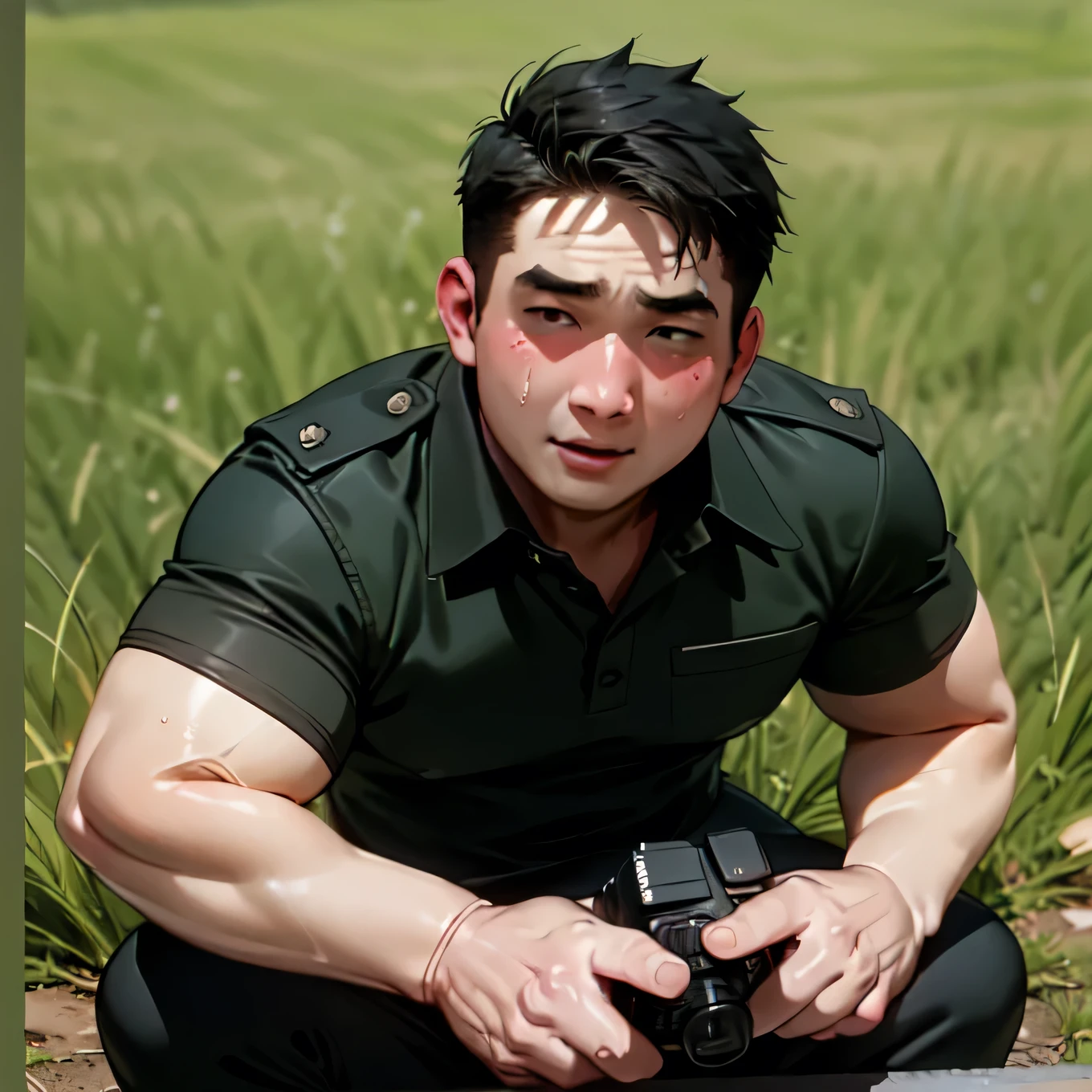 Male solo images、Busaic face、A medium-sized man with a moderately muscular build,、Black spiky short hair、Disgusting pervert、Rod service、Black running、Khaki cargo pants、Black army boots、Photographer、Have a camera、Grass background、