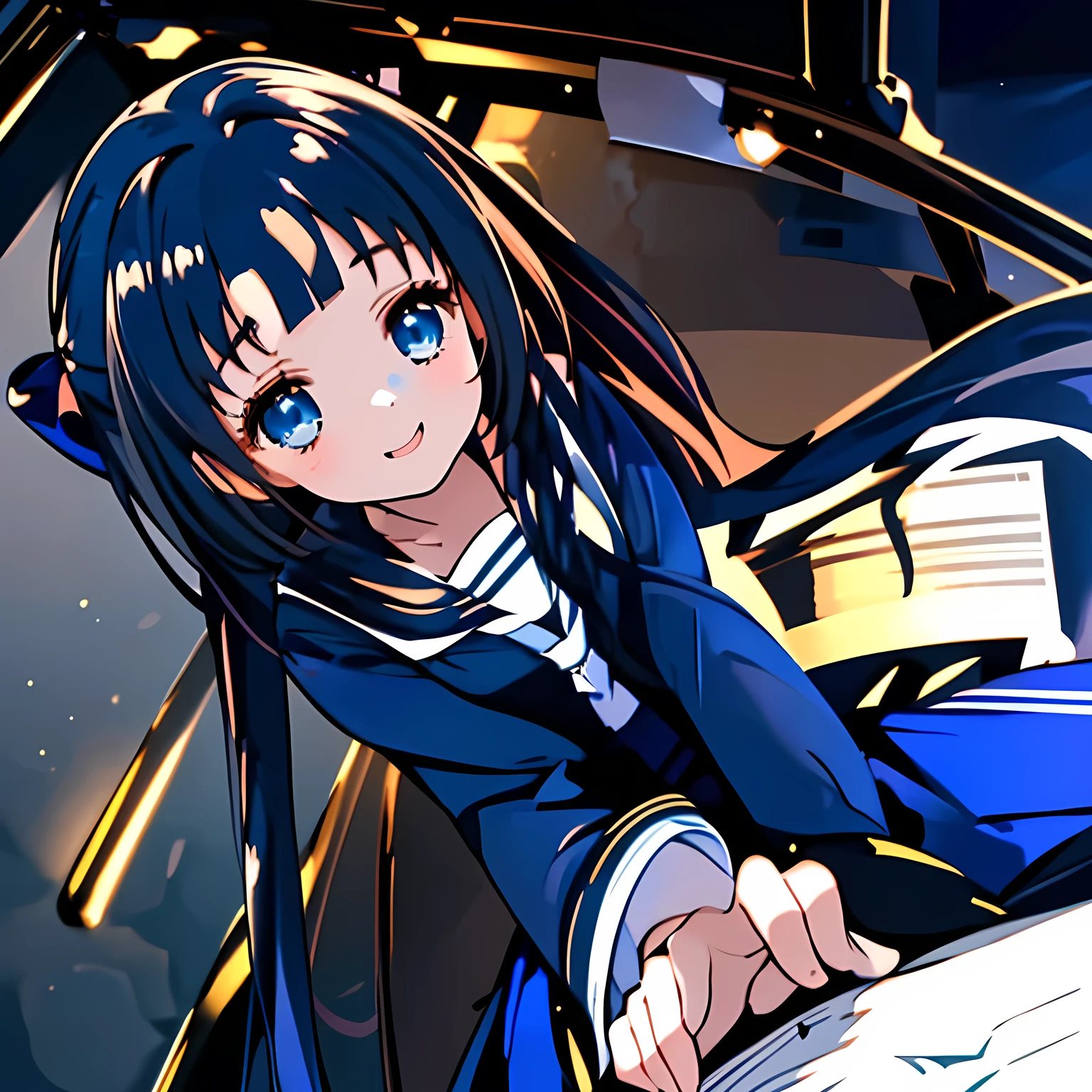 (highest quality, masterpiece, Full HD, High definition: 1.6), (Very carefully drawn cover of Japanese high-school girl's comics, Solo beautiful giggling noble elegant high-school girl wares navy sailor-styled uniform with leather school bag is inviting me into sexual salacious darkness, in evil-sexy black-darkness room, charming me sexually and elegantly, mature intelligent sexy noble face, Noble Elegant but lecherous salacious insane and lascivious, sailor uniform: 1.5), (Just one very beautiful noble heroine who is looking and laughing at me, Very detailed cute noble high-school French woman's noble eyes and face, Beautiful giggling eyes with detailed: 1.4), (Super-long bottom-eyelashes: 1.2), (Girl whom everyone loves because of her beauty and lovely fashion and noble manner and mind of evil succubus and magical-charm of evil succubus: 1.0), (Very beautiful, wavy, cutely super-super-long dark-dark-blue-dark-blue rich hair, with elegant hair ribbons, spreading on whole the screen: 1.3), (Laughing very beautiful and sapphire-blue mature intelligent cute-eyes which charms and enslave me inevitably, with clearly detailed: 1.4), (Eyes are clearly detailed), (very long eyelashes: 1.0), (Realistic noble neat noble school navy-colored sailor uniform with a noble expensive glossy red ribbon on the chest: 1.4), (Realistic Charming neat navy-colored deeply pleated long expensive school skirt: 1.5), (Soprano singer of classic music: 1.6), (Her mouth can't stop giggling: 1.6), Clear skin, (There is nothing background except black space of sexual darkness atmosphere: 1.7), (Navy-colored tops and Navy-colored cute collar of sailor-uniform: 1.6), (Faces are especially detailed and carefully drawn.), (Shot from the side),  (Evil sexual darkness atmosphere: 1.0)